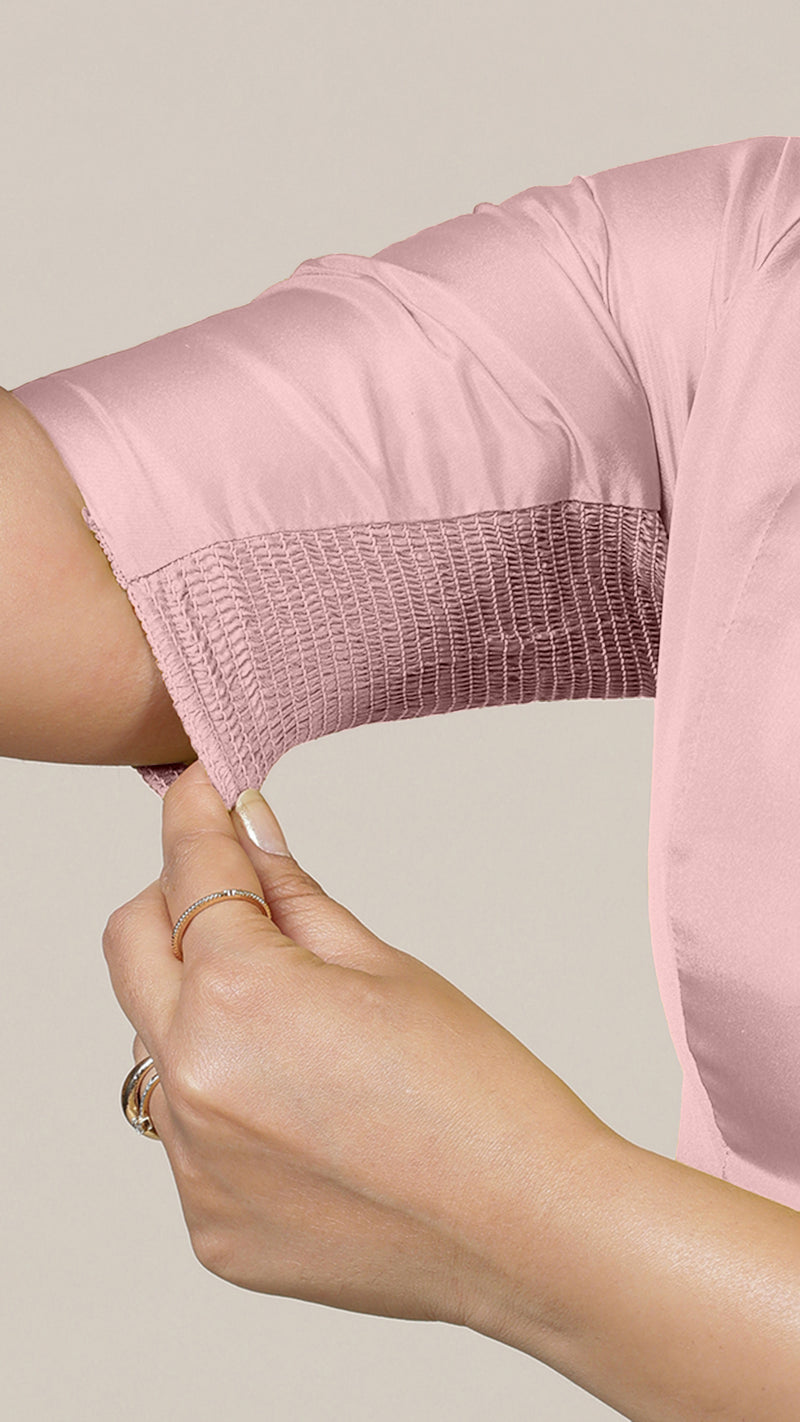 Begum x Rozaana | Elbow Sleeves Baby Pink FlexiFit™ Saree Blouse with V-Neck-Binks