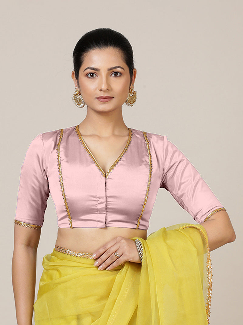 Begum x Tyohaar | Elbow Sleeves Baby Pink FlexiFit™ Gota Embellished Saree Blouse with V-Neck-Binks
