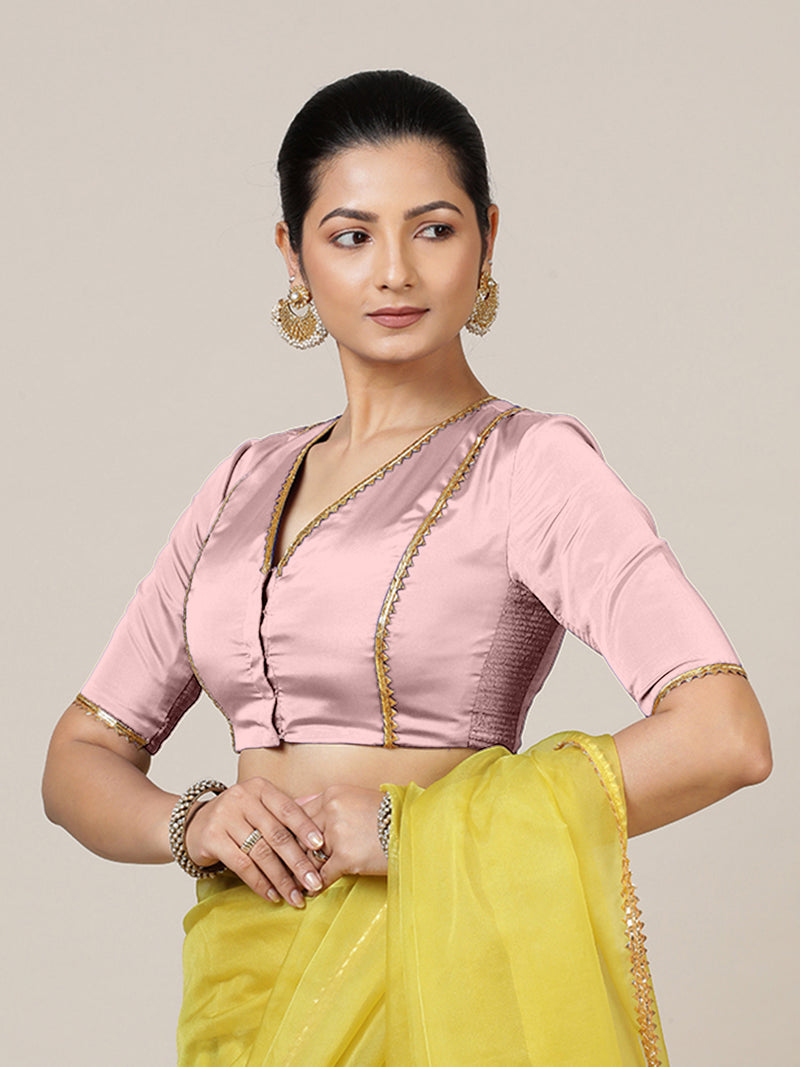 Begum x Tyohaar | Elbow Sleeves Baby Pink FlexiFit™ Gota Embellished Saree Blouse with V-Neck-Binks