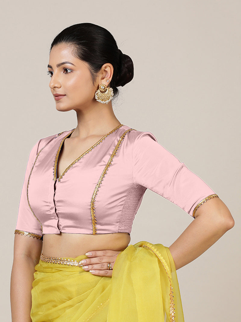 Begum x Tyohaar | Elbow Sleeves Baby Pink FlexiFit™ Gota Embellished Saree Blouse with V-Neck-Binks