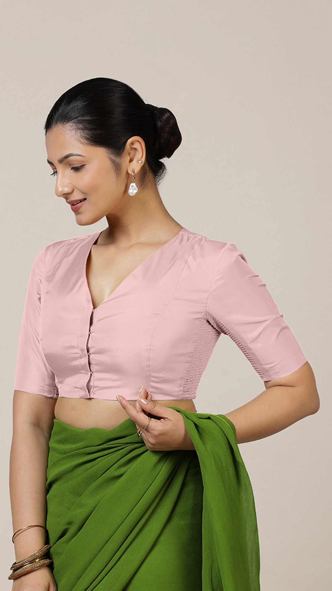 Begum x Rozaana Saree Blouse, in Pink Artificial Silk, featuring elbow sleeves and v-neckline, made for party & festive.