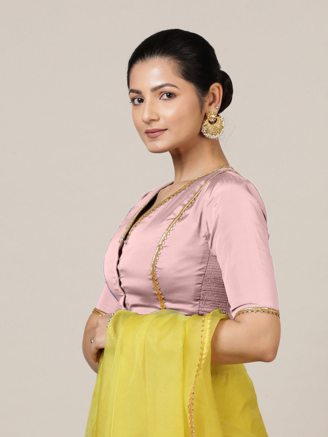 Begum x Tyohaar Saree Blouse, in Pink Vegan Silk, featuring elbow sleeves and v-neckline, made for party & festive (view 8).