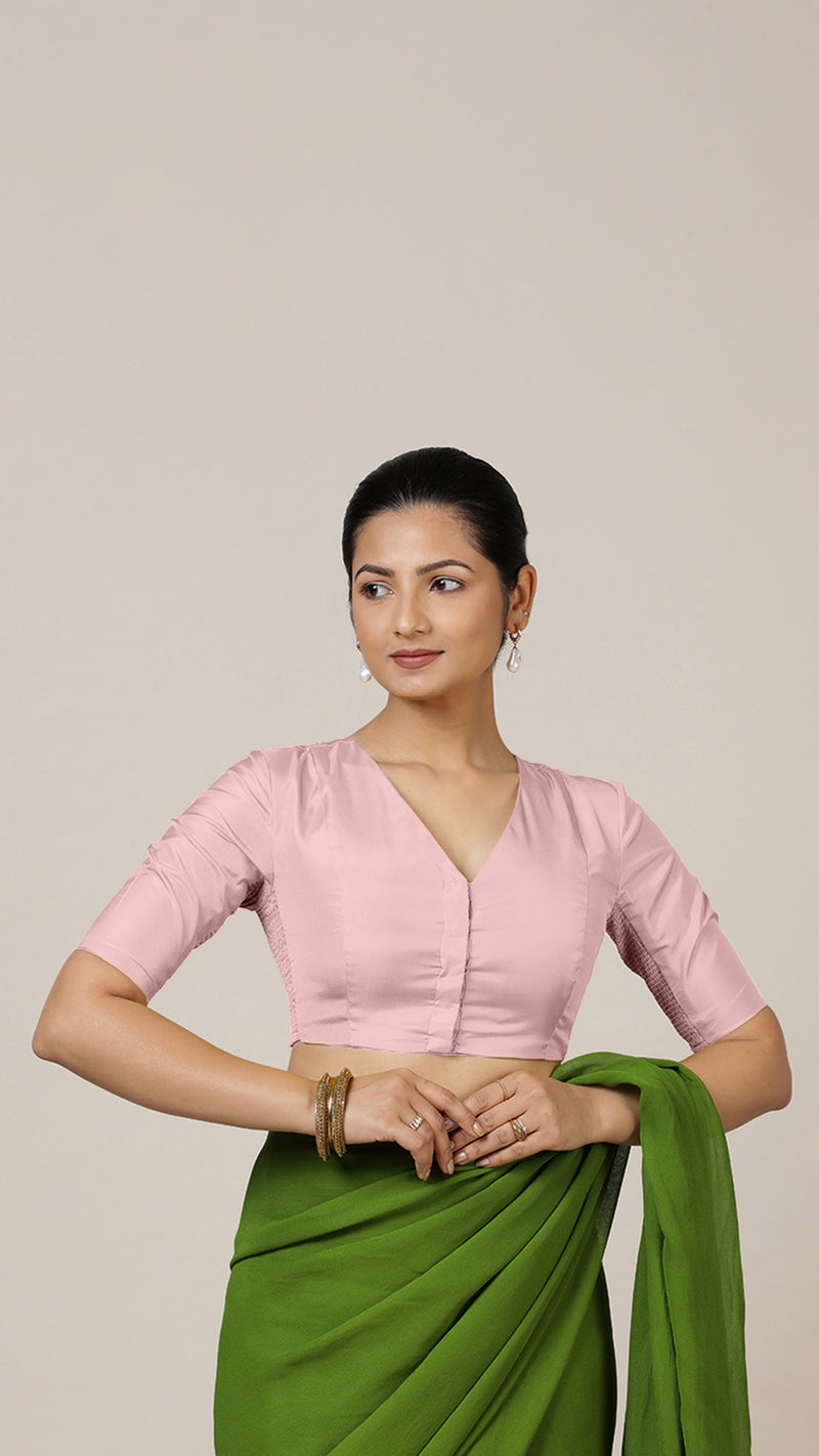 Begum x Rozaana | Elbow Sleeves Baby Pink FlexiFit™ Saree Blouse with V-Neck-Binks