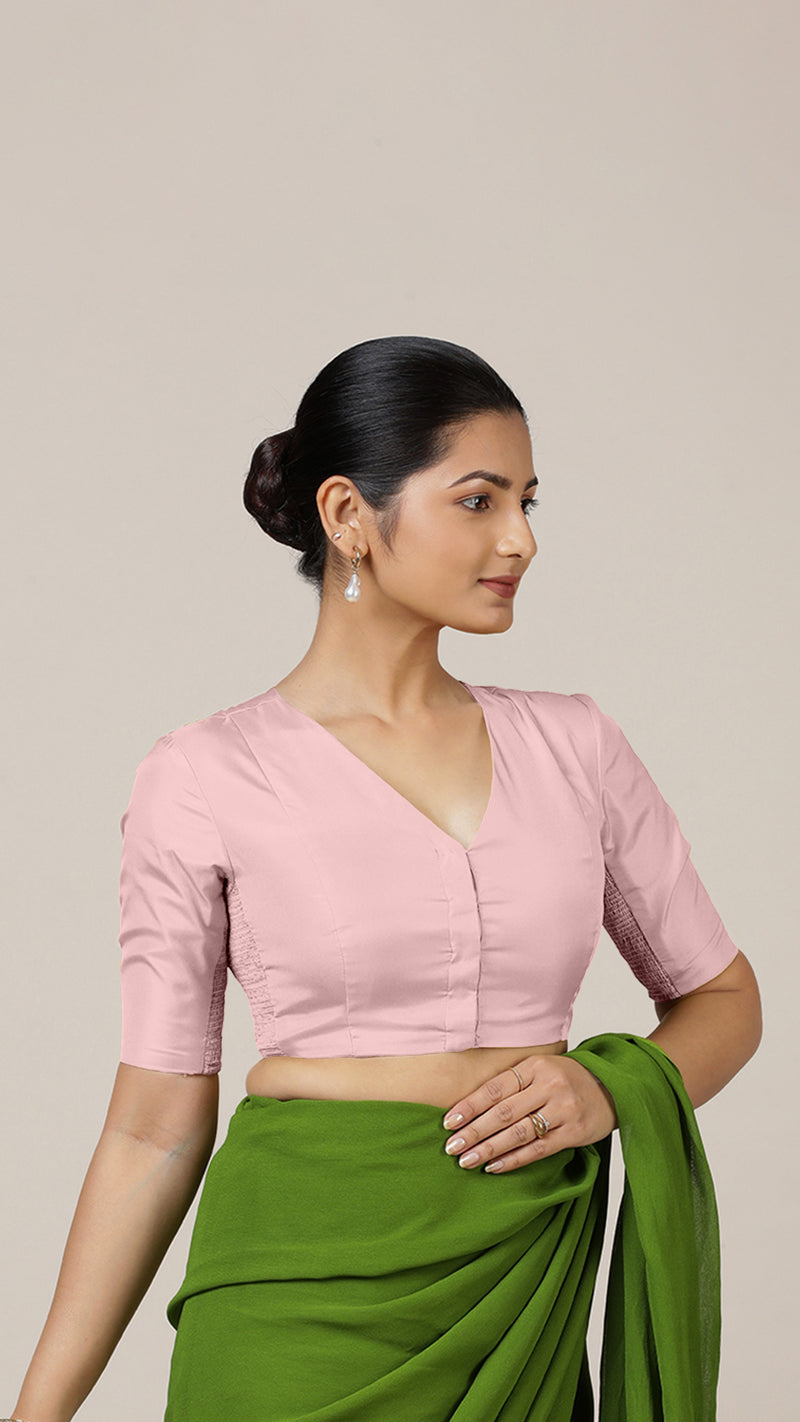 Begum x Rozaana | Elbow Sleeves Baby Pink FlexiFit™ Saree Blouse with V-Neck-Binks
