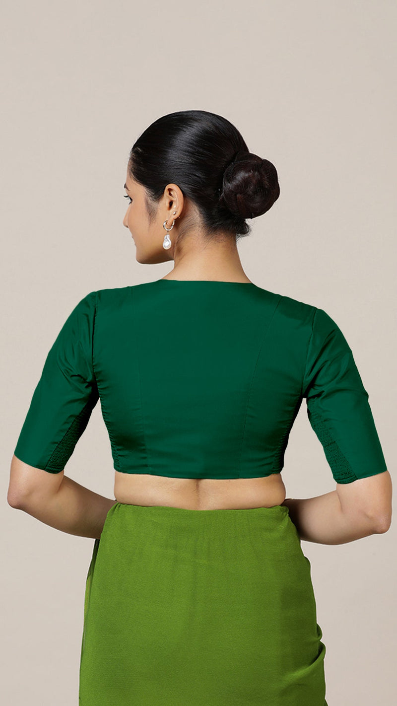 Begum x Rozaana | Elbow Sleeves Saree Blouse in Bottle Green-Binks