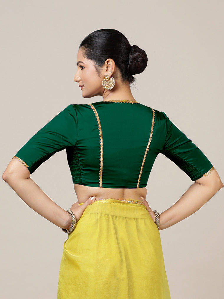 Begum x Tyohaar Saree Blouse, in Green Vegan Silk, featuring elbow sleeves and v-neckline, made for party & festive (view 2).