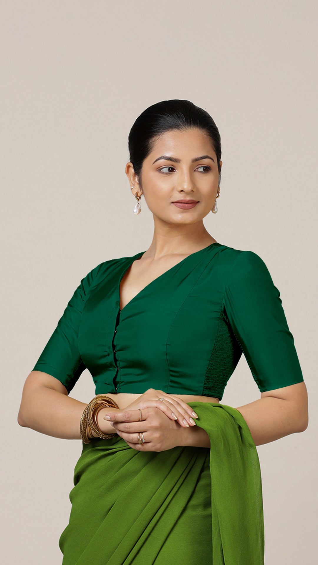 Begum x Rozaana Saree Blouse, in Green Vegan Silk, featuring elbow sleeves and v-neckline, made for daily & work (view 5).