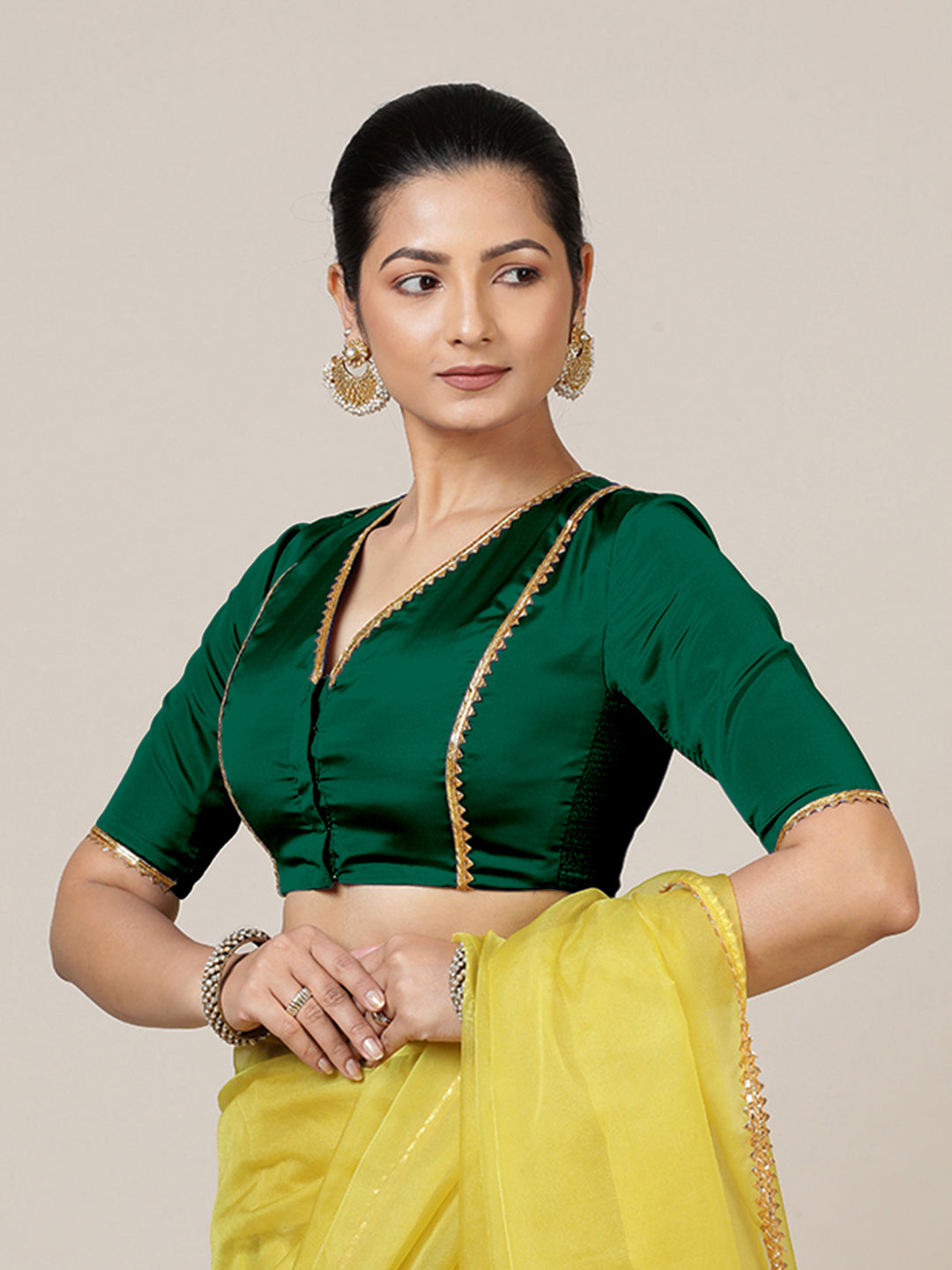 Begum x Tyohaar Saree Blouse, in Green Vegan Silk, featuring elbow sleeves and v-neckline, made for party & festive (view 6).