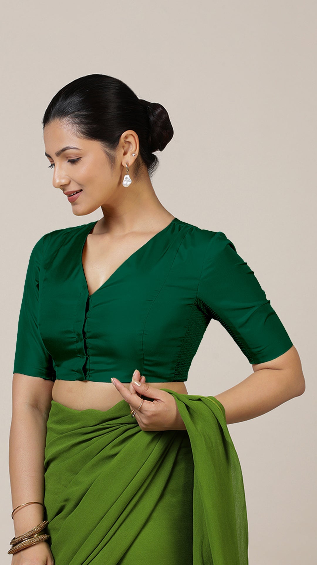 Begum x Rozaana Saree Blouse, in Green Vegan Silk, featuring elbow sleeves and v-neckline, made for daily & work (view 7).