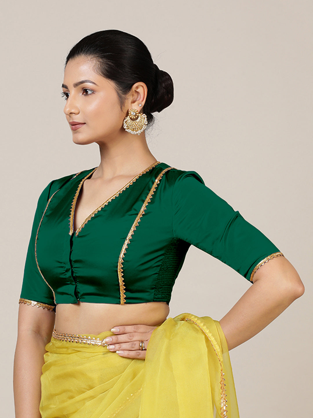 Begum x Tyohaar Saree Blouse, in Green Vegan Silk, featuring elbow sleeves and v-neckline, made for party & festive (view 7).