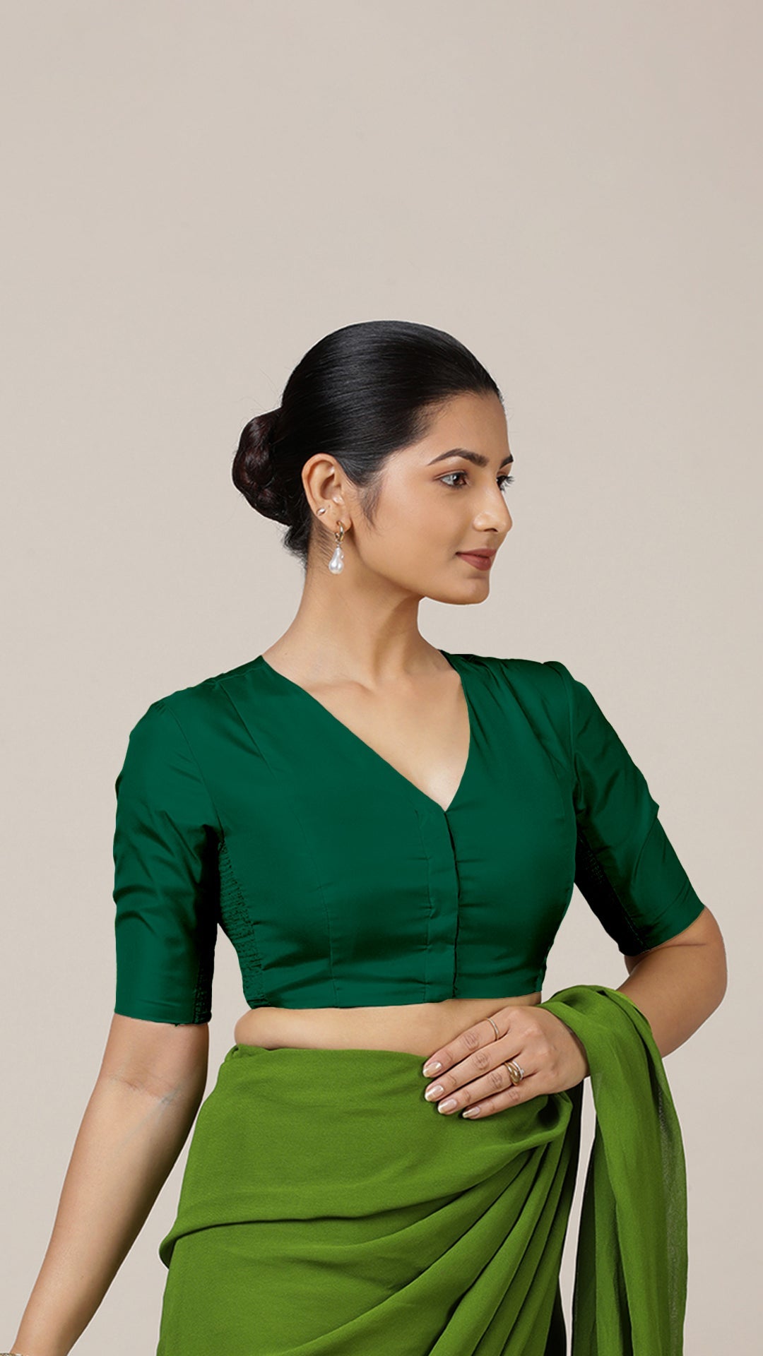 Begum x Rozaana Saree Blouse, in Green Vegan Silk, featuring elbow sleeves and v-neckline, made for daily & work (view 8).