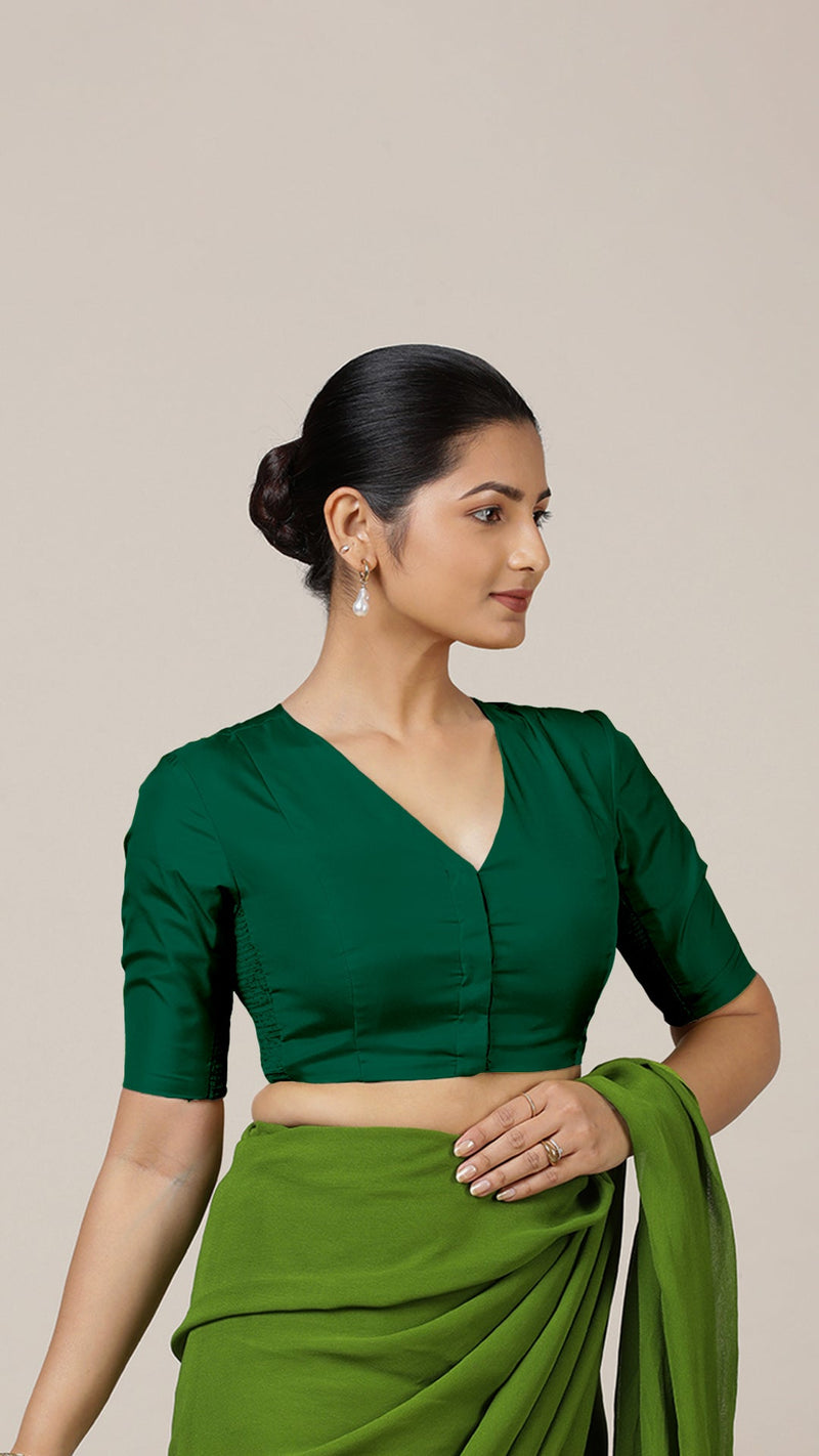 Begum x Rozaana | Elbow Sleeves Saree Blouse in Bottle Green-Binks