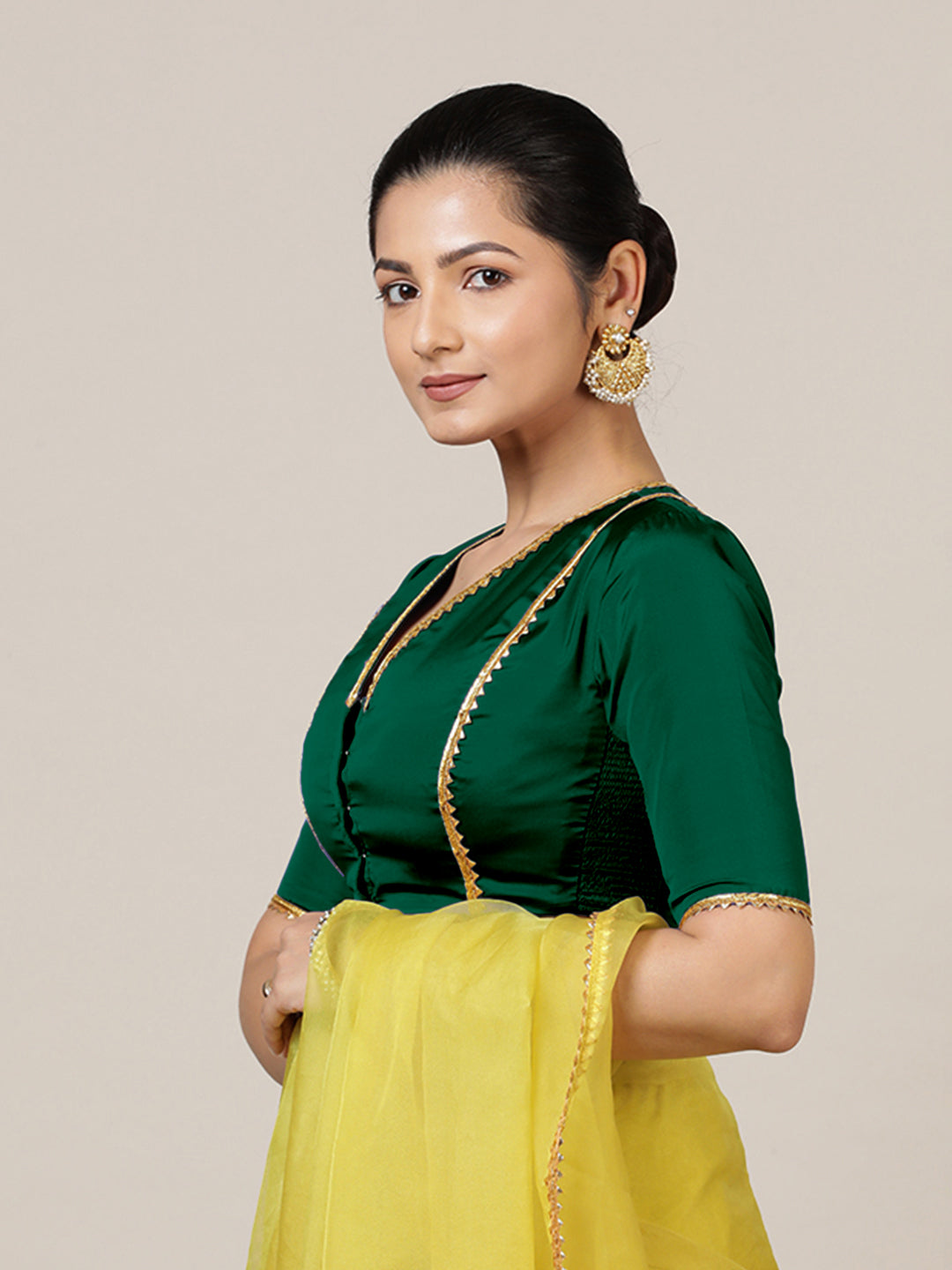Begum x Tyohaar Saree Blouse, in Green Vegan Silk, featuring elbow sleeves and v-neckline, made for party & festive (view 8).