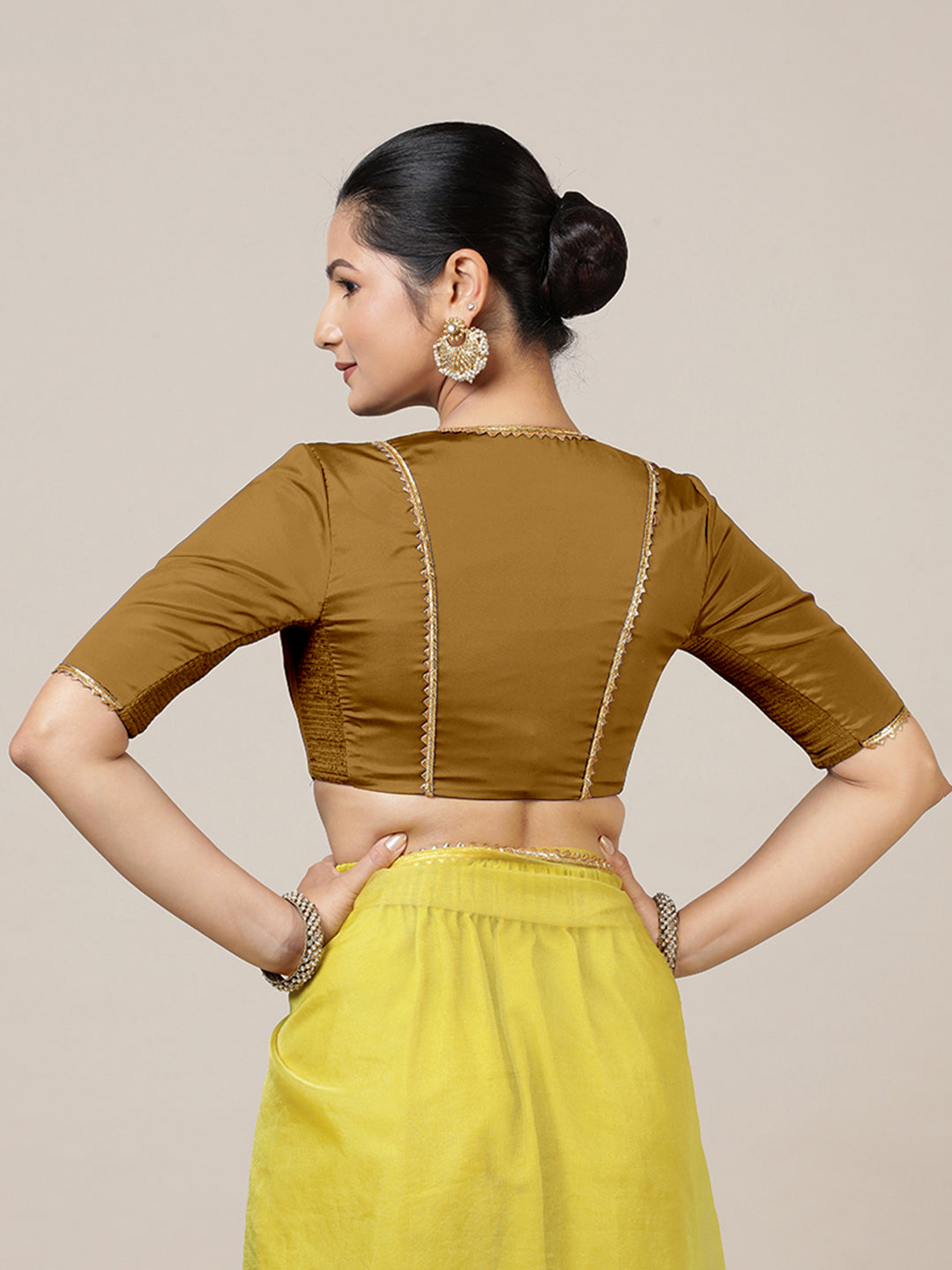 Begum x Tyohaar Saree Blouse, in Gold Vegan Silk, featuring elbow sleeves and v-neckline, made for party & festive (view 2).