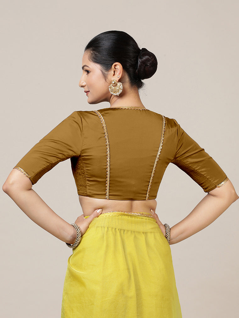 Begum x Tyohaar Saree Blouse, in Gold Vegan Silk, featuring elbow sleeves and v-neckline, made for party & festive (view 2).