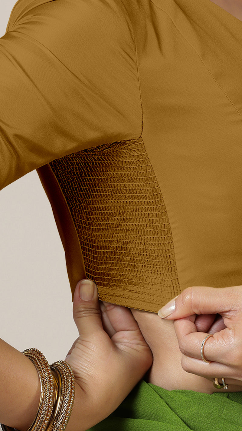 Begum x Rozaana | Elbow Sleeves Saree Blouse in Bronze Gold-Binks