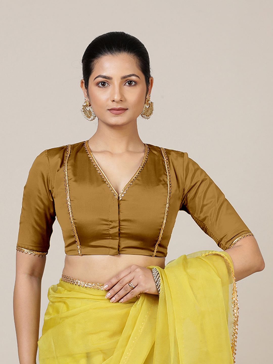Begum x Tyohaar Saree Blouse, in Gold Vegan Silk, featuring elbow sleeves and v-neckline, made for party & festive (view 6).