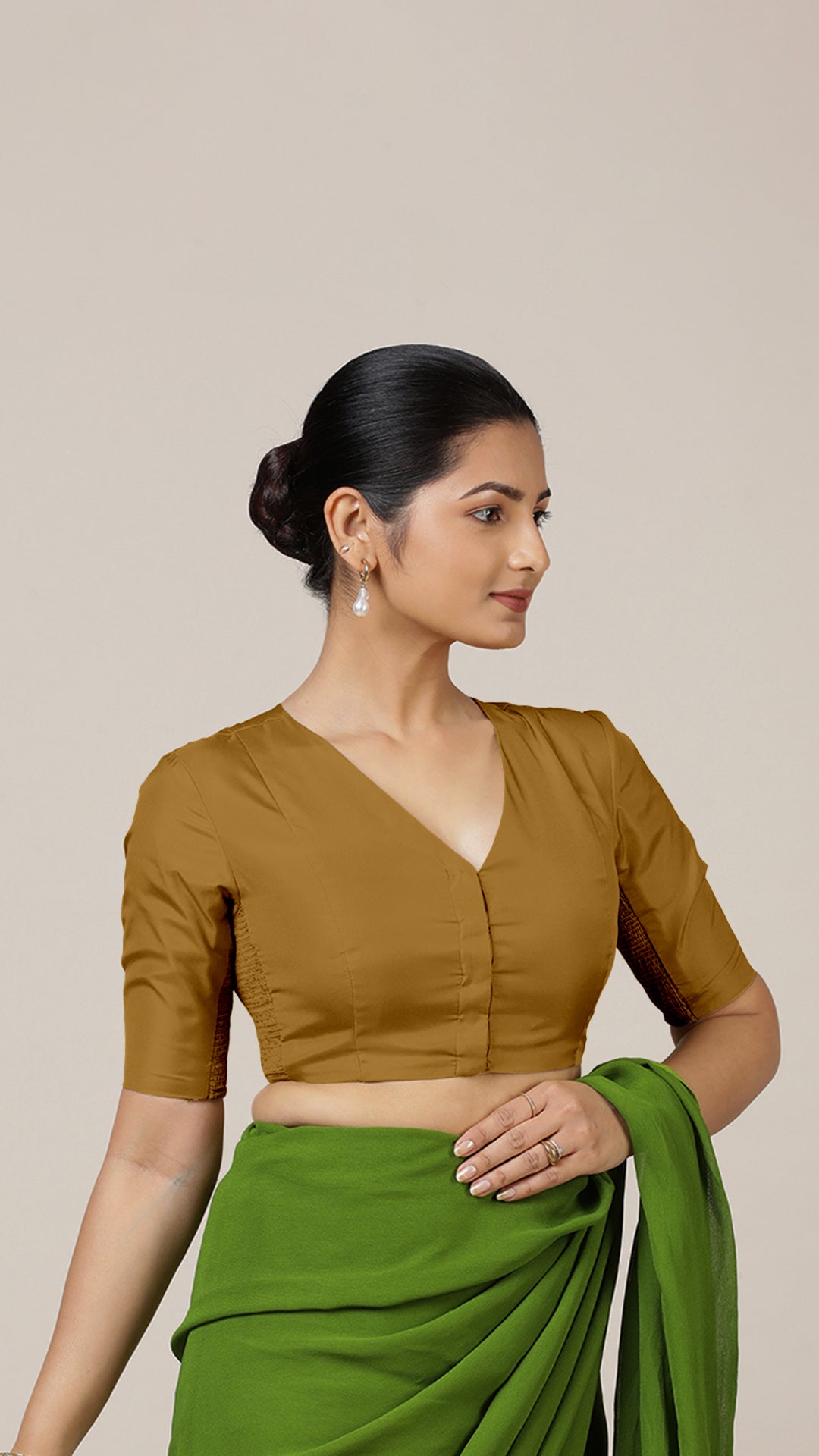 Begum x Rozaana Saree Blouse, in Gold Vegan Silk, featuring elbow sleeves and v-neckline, made for daily & work (view 8).