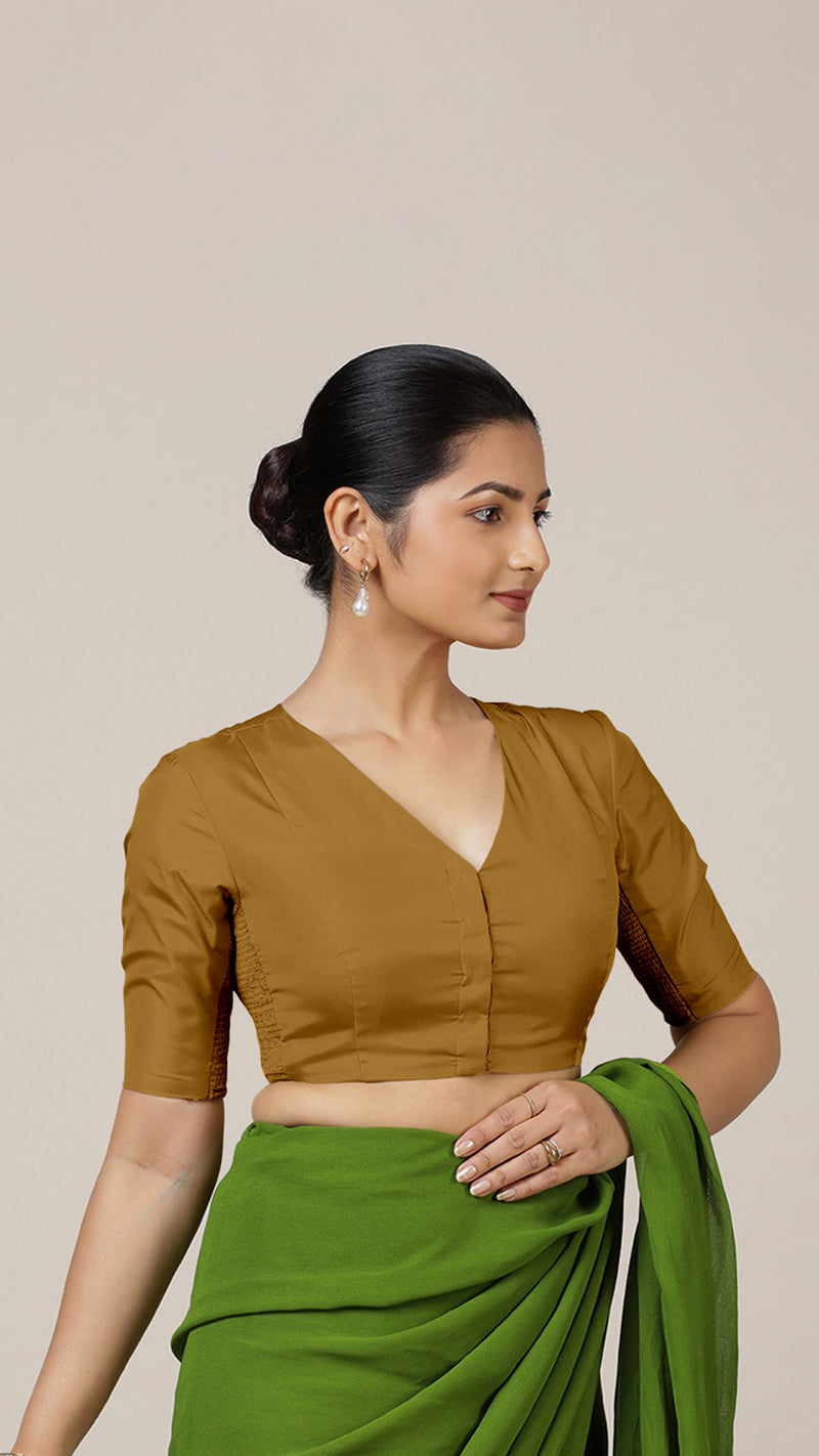 Begum x Rozaana | Elbow Sleeves Saree Blouse in Bronze Gold-Binks