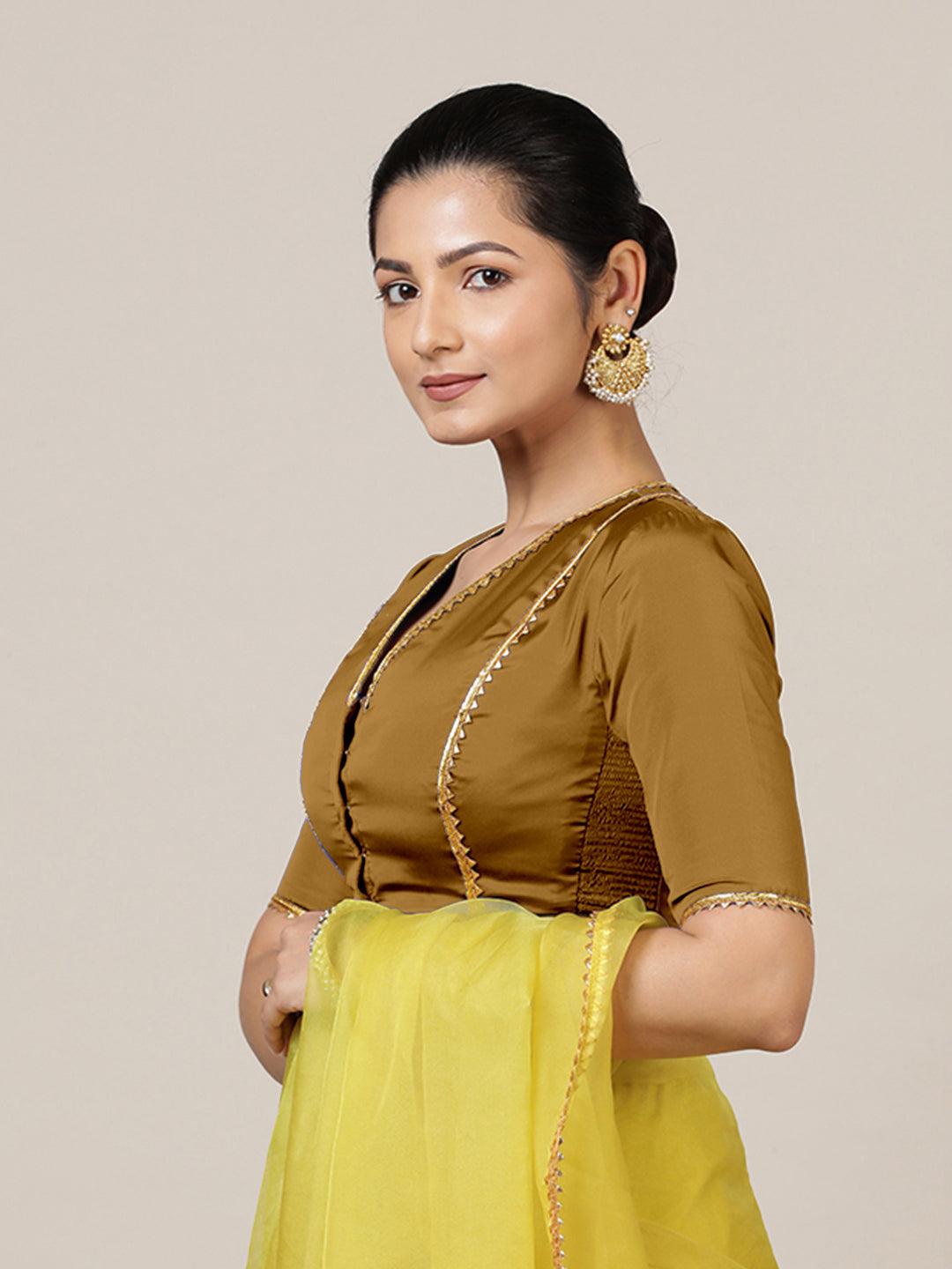 Begum x Tyohaar Saree Blouse, in Gold Vegan Silk, featuring elbow sleeves and v-neckline, made for party & festive (view 8).