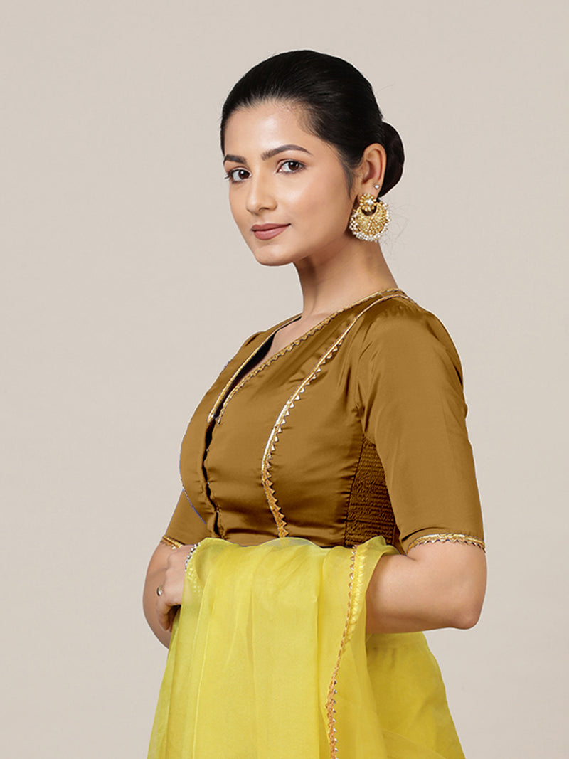 Begum x Tyohaar | Elbow Sleeves Saree Blouse in Bronze Gold-Binks