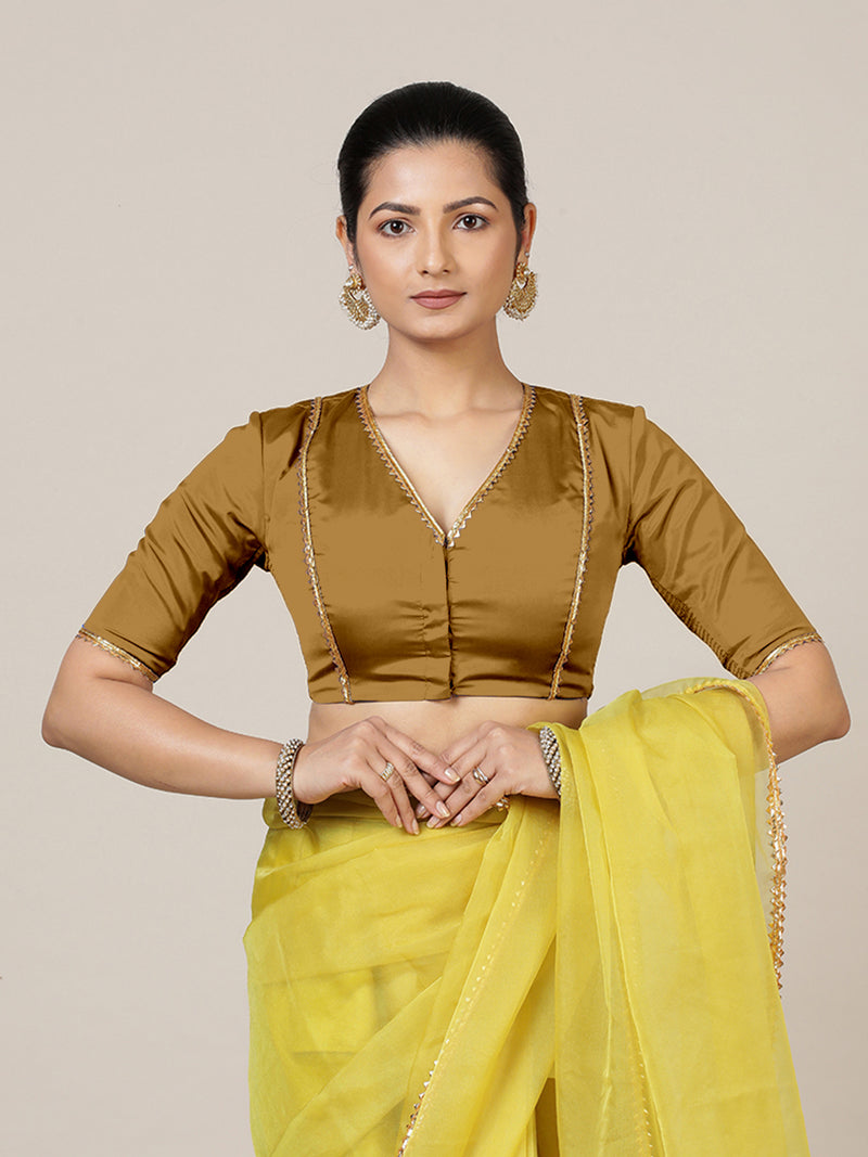 Begum x Tyohaar | Elbow Sleeves Saree Blouse in Bronze Gold-Binks