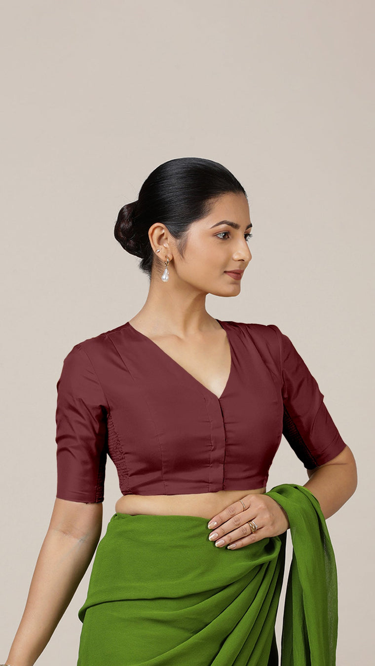 Begum x Rozaana Saree Blouse, in Maroon Vegan Silk, featuring elbow sleeves and v-neckline, made for daily & work.