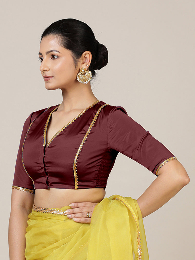 Begum x Tyohaar | Elbow Sleeves Saree Blouse in Burgundy-Binks