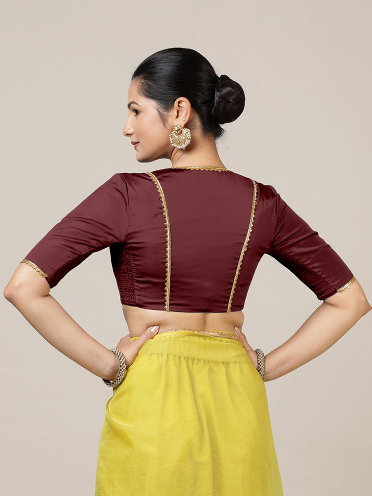 Begum x Tyohaar Saree Blouse, in Maroon Vegan Silk, featuring elbow sleeves and v-neckline, made for party & festive (view 2).