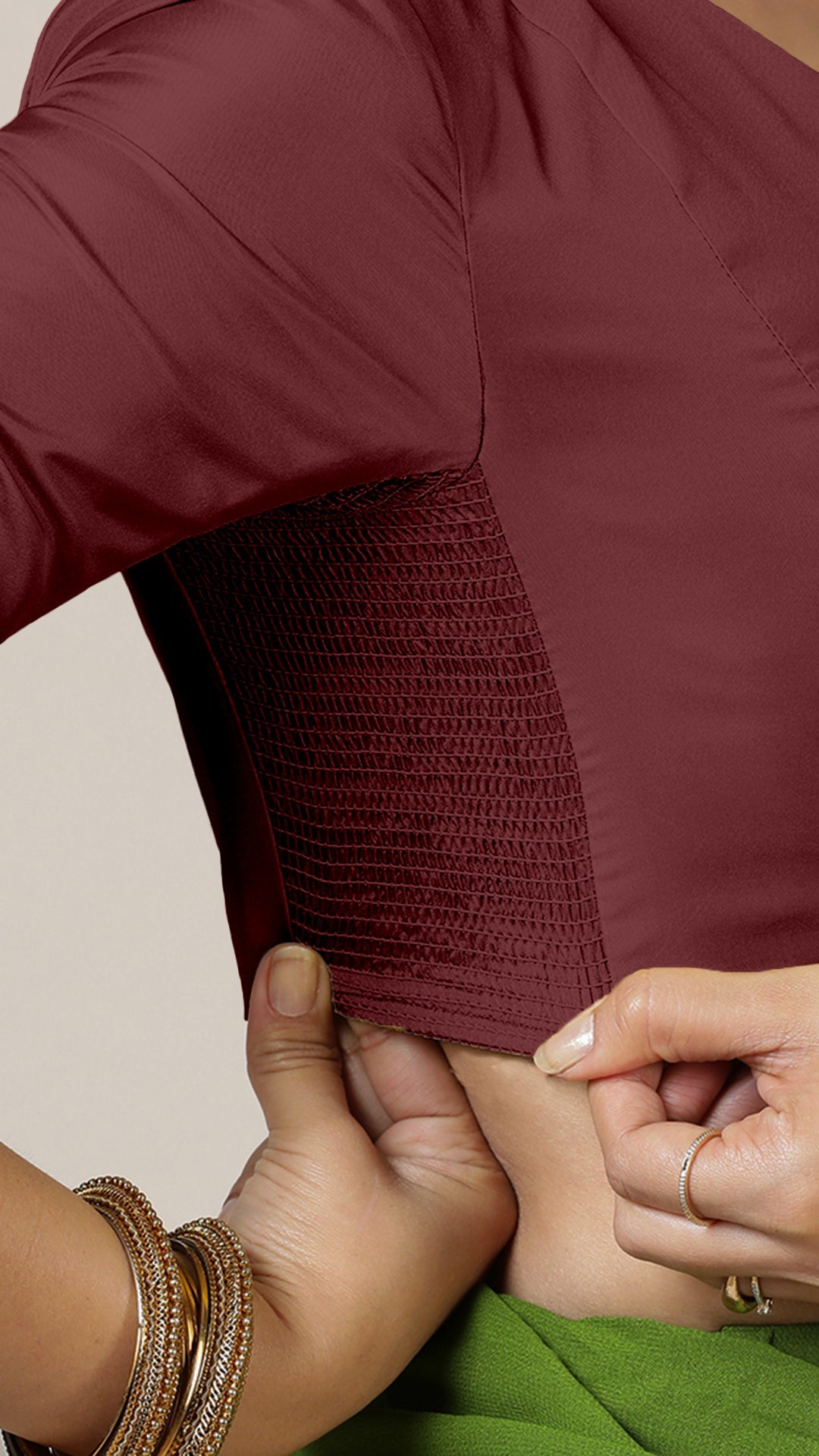 Begum x Rozaana Saree Blouse, in Maroon Vegan Silk, featuring elbow sleeves and v-neckline, made for daily & work (view 3).