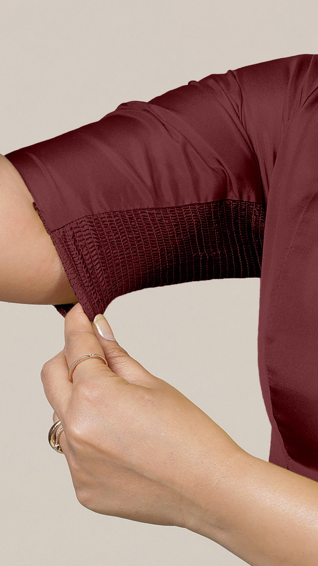 Begum x Rozaana Saree Blouse, in Maroon Vegan Silk, featuring elbow sleeves and v-neckline, made for daily & work (view 4).