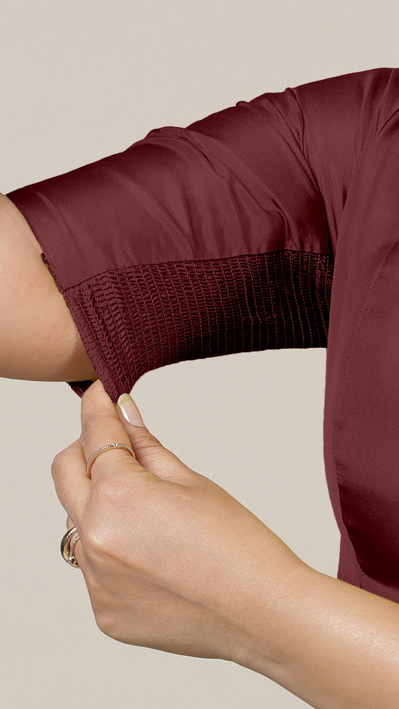 Begum x Rozaana | Elbow Sleeves Saree Blouse in Burgundy-Binks