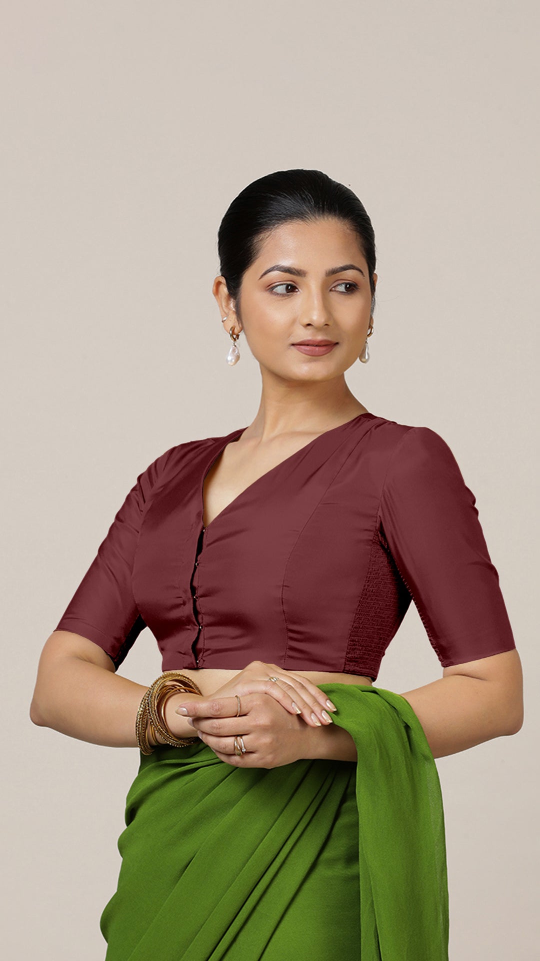 Begum x Rozaana Saree Blouse, in Maroon Vegan Silk, featuring elbow sleeves and v-neckline, made for daily & work (view 5).