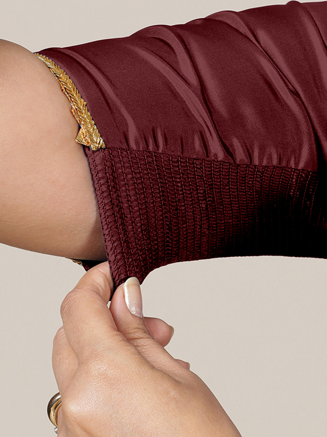 Begum x Tyohaar Saree Blouse, in Maroon Vegan Silk, featuring elbow sleeves and v-neckline, made for party & festive (view 5).