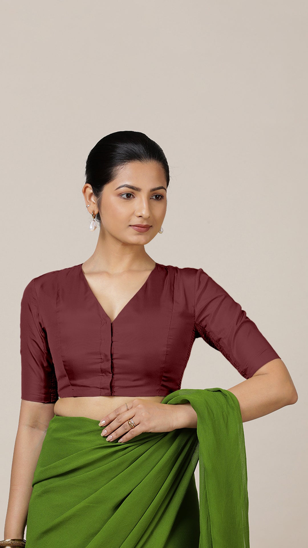 Begum x Rozaana Saree Blouse, in Maroon Vegan Silk, featuring elbow sleeves and v-neckline, made for daily & work (view 6).