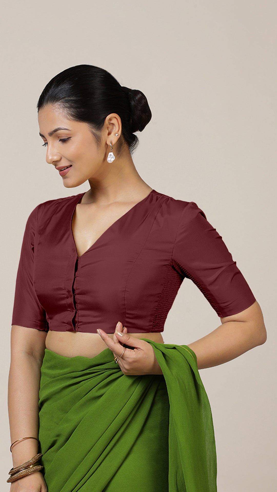 Begum x Rozaana Saree Blouse, in Maroon Vegan Silk, featuring elbow sleeves and v-neckline, made for daily & work (view 7).