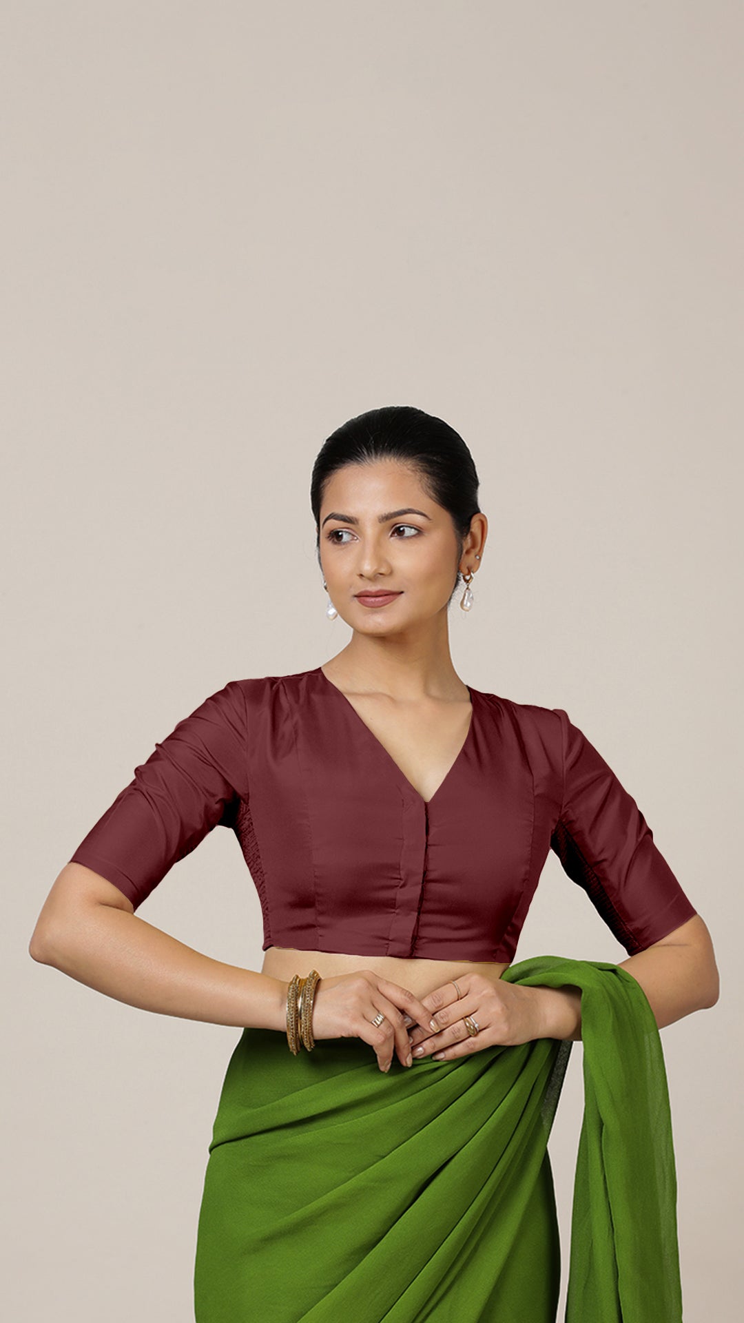 Begum x Rozaana Saree Blouse, in Maroon Vegan Silk, featuring elbow sleeves and v-neckline, made for daily & work (view 8).