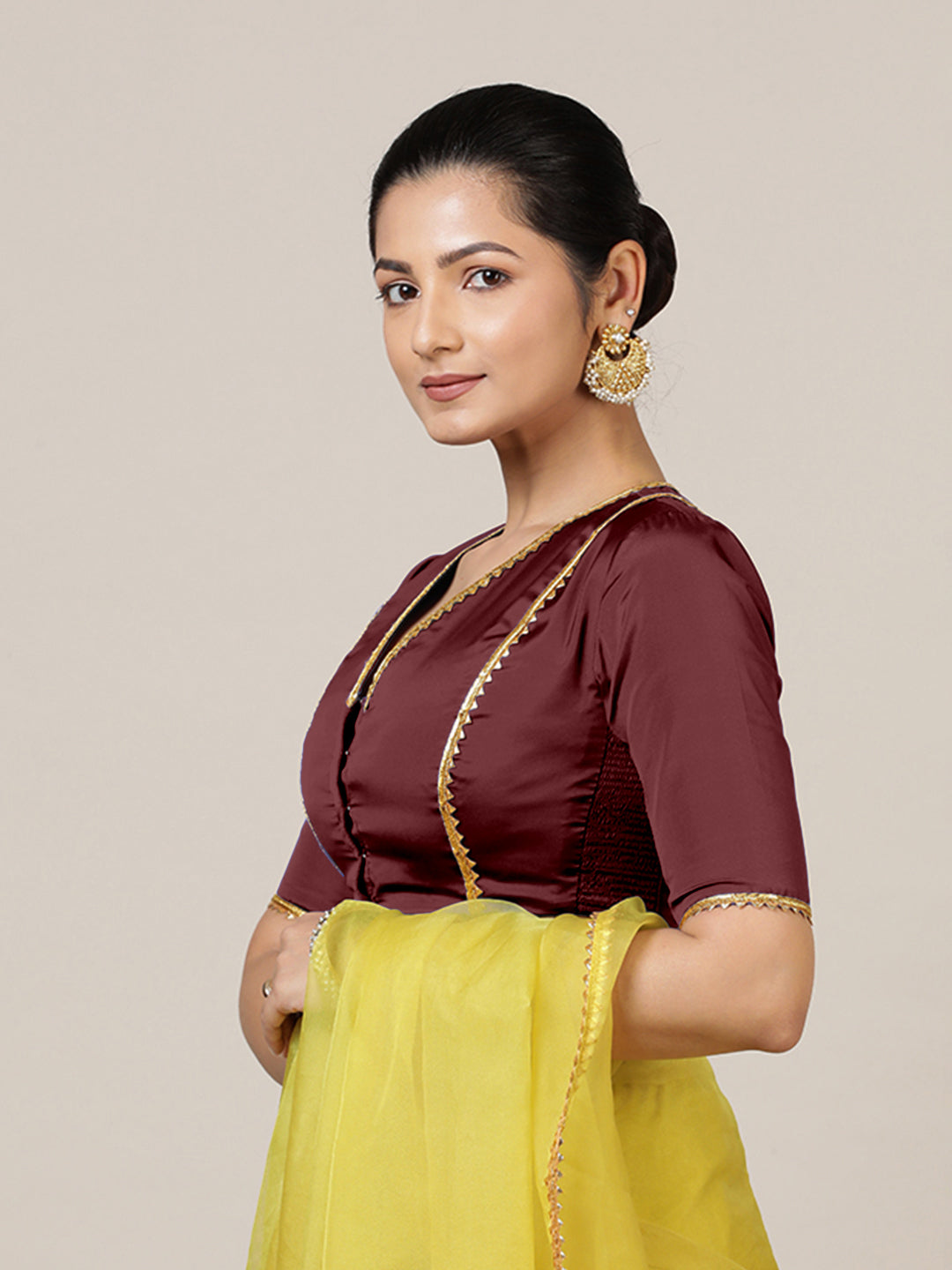 Begum x Tyohaar Saree Blouse, in Maroon Vegan Silk, featuring elbow sleeves and v-neckline, made for party & festive (view 8).