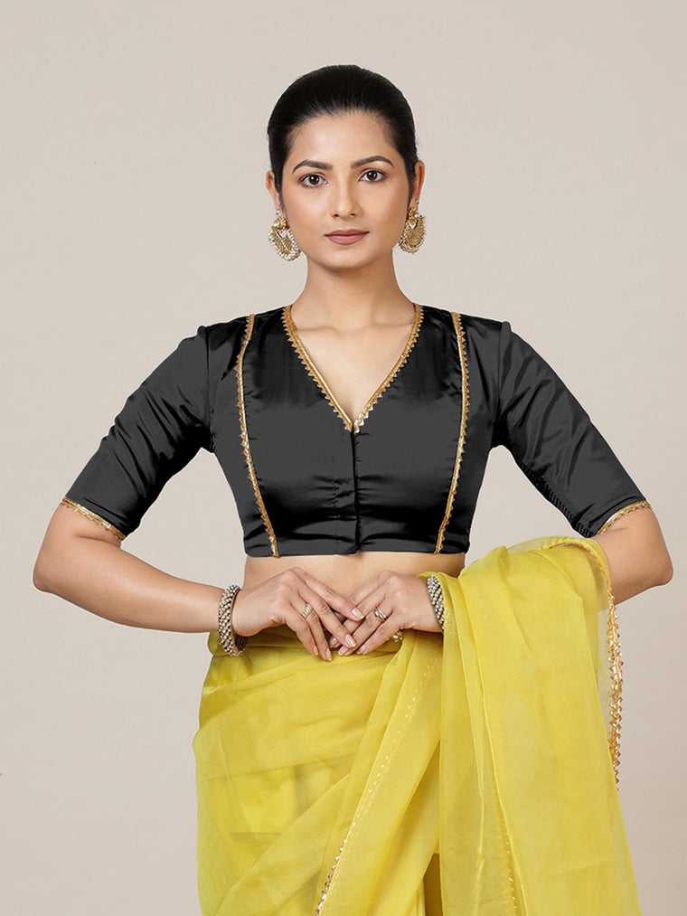 Begum x Tyohaar Saree Blouse, in Black Vegan Silk, featuring elbow sleeves and v-neckline, made for party & festive.