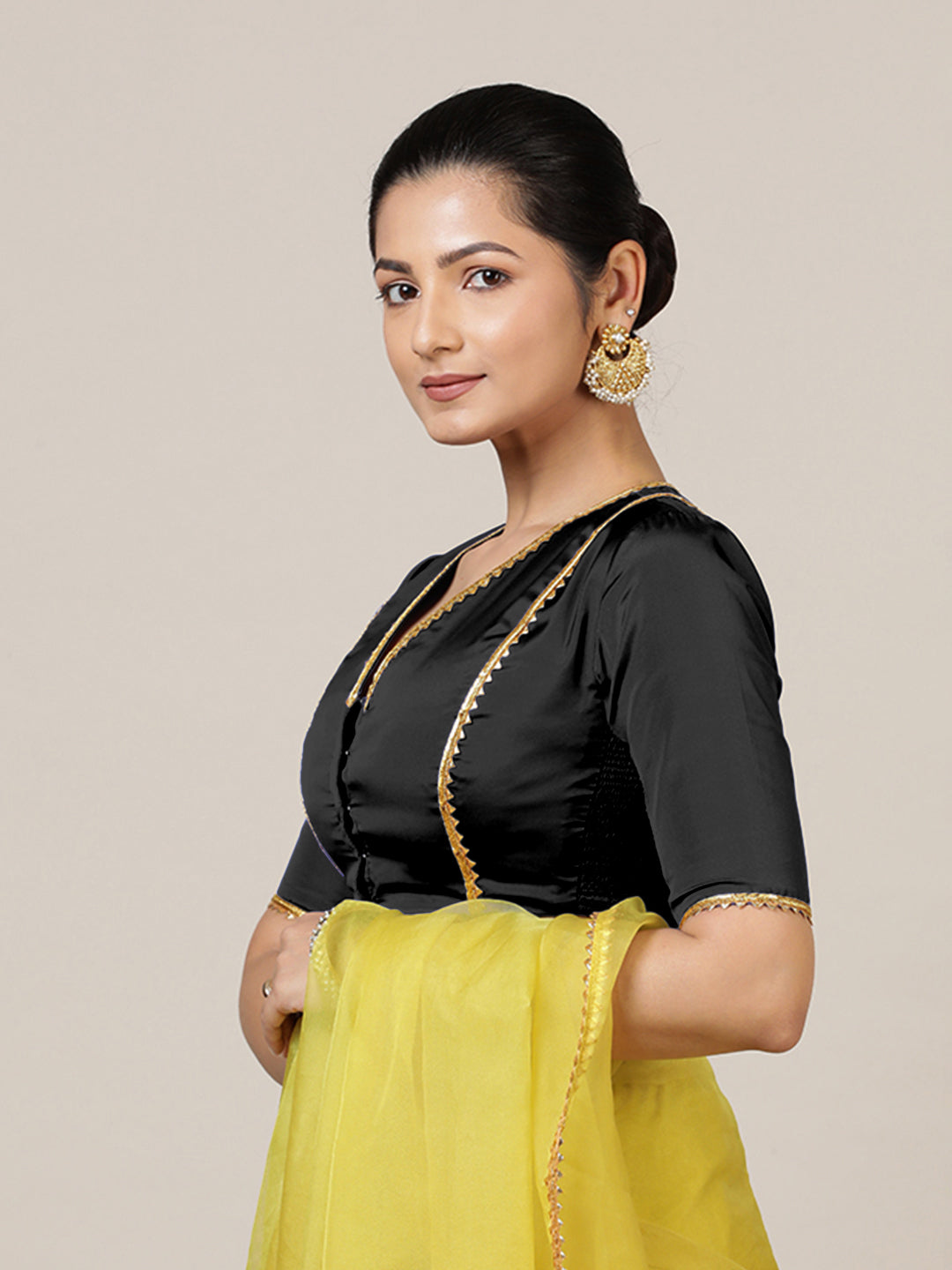 Begum x Tyohaar Saree Blouse, in Black Vegan Silk, featuring elbow sleeves and v-neckline, made for party & festive (view 2).