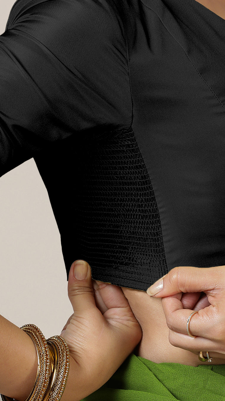 Begum x Rozaana Saree Blouse, in Black Vegan Silk, featuring elbow sleeves and v-neckline, made for daily & work (view 3).