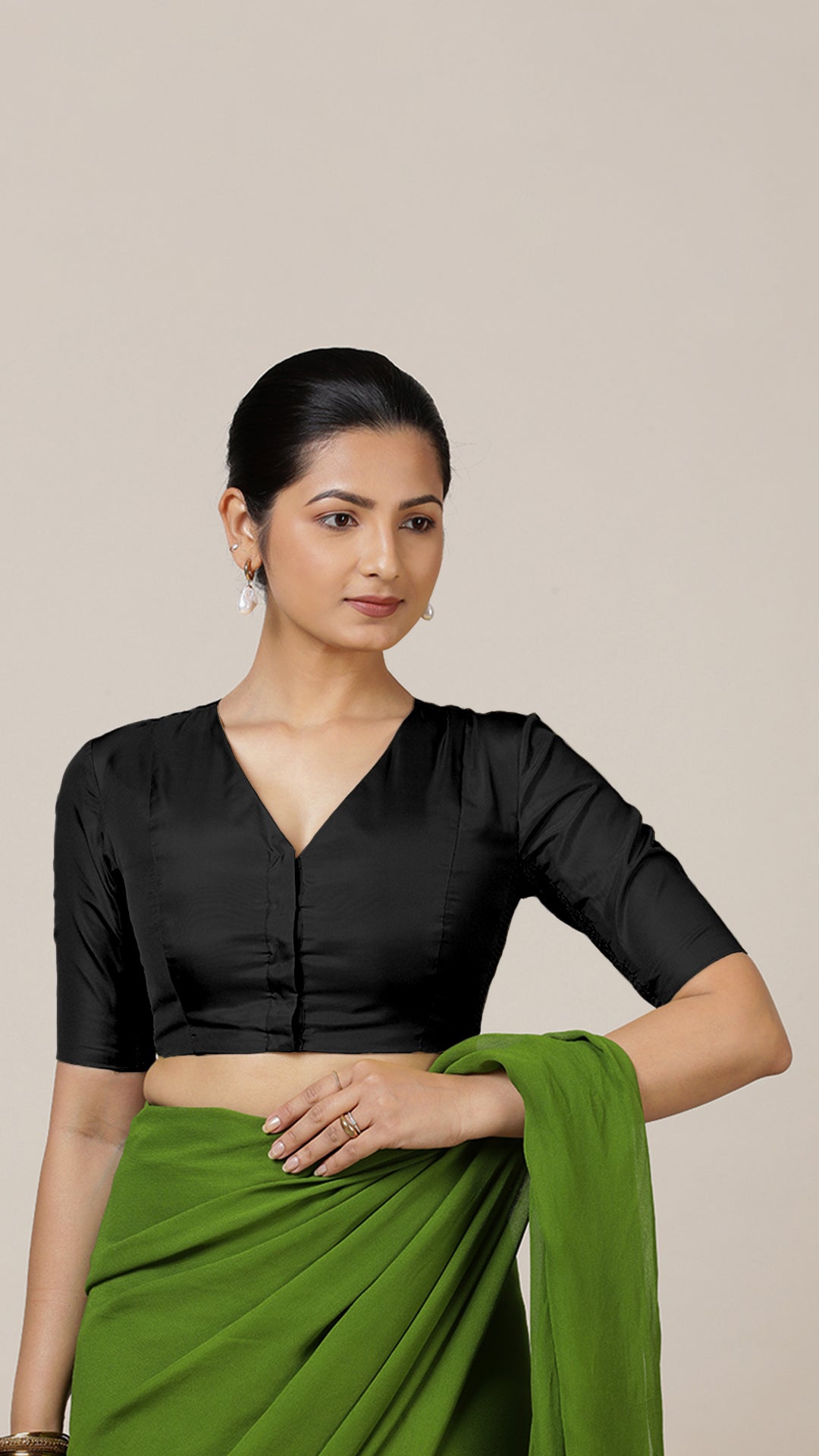 Begum x Rozaana Saree Blouse, in Black Vegan Silk, featuring elbow sleeves and v-neckline, made for daily & work (view 6).