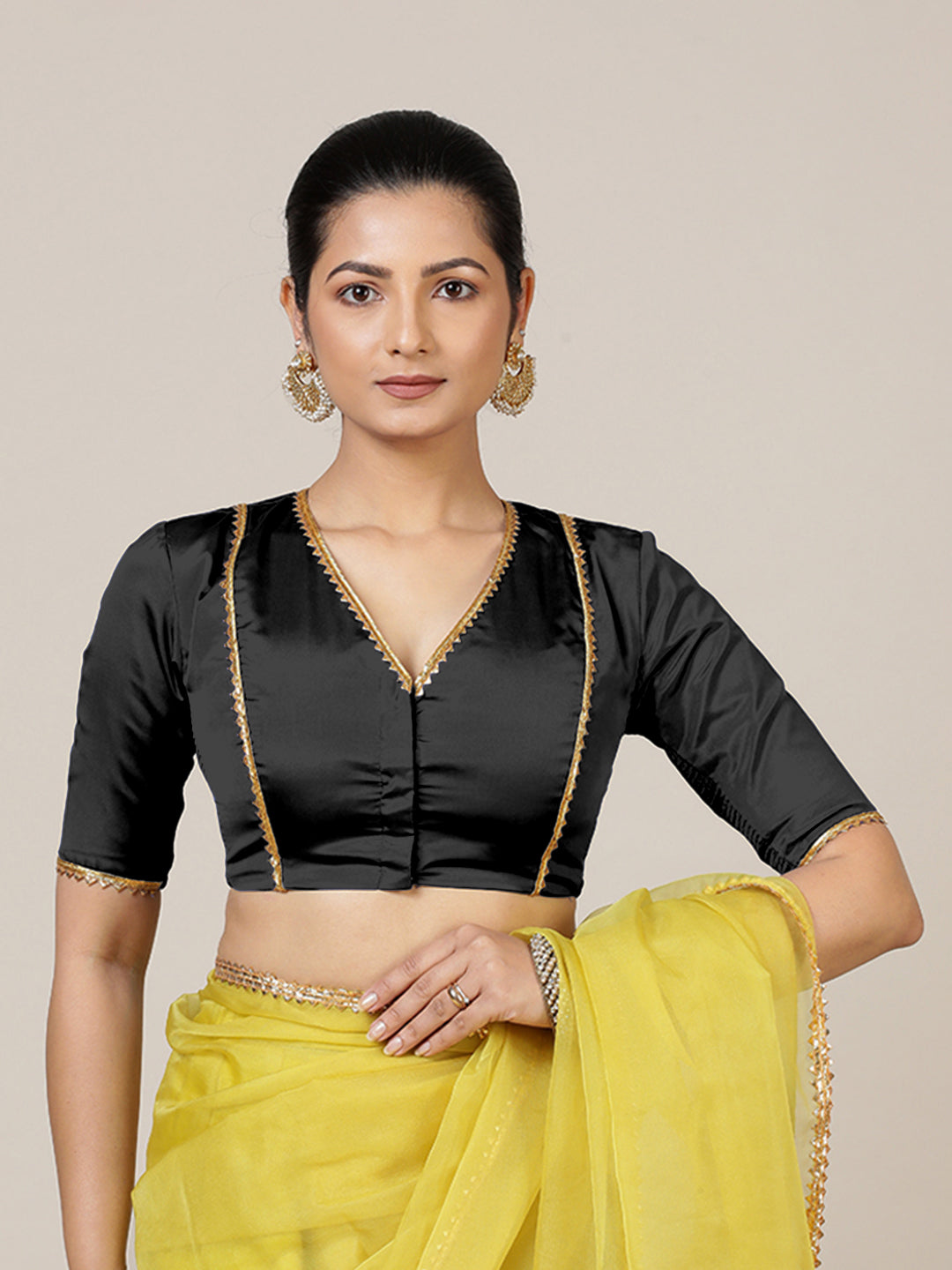 Begum x Tyohaar Saree Blouse, in Black Vegan Silk, featuring elbow sleeves and v-neckline, made for party & festive (view 7).