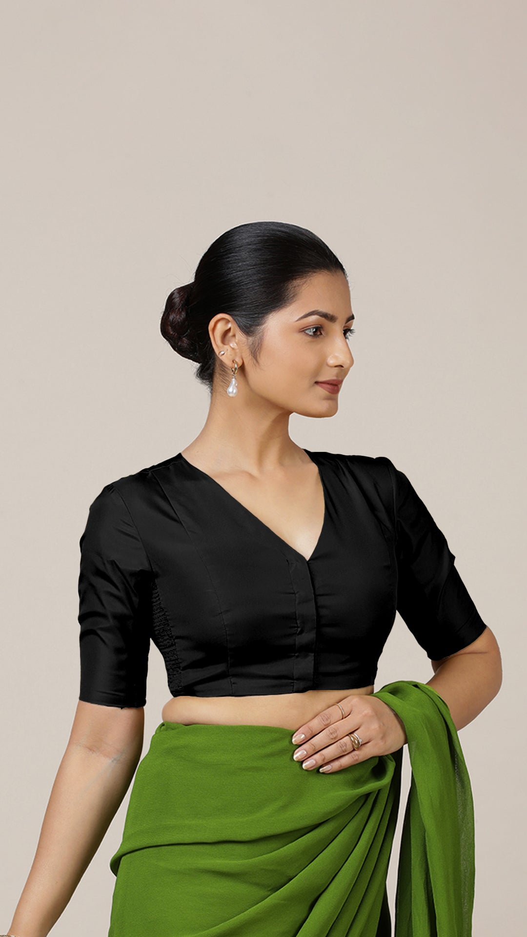 Begum x Rozaana Saree Blouse, in Black Vegan Silk, featuring elbow sleeves and v-neckline, made for daily & work (view 8).