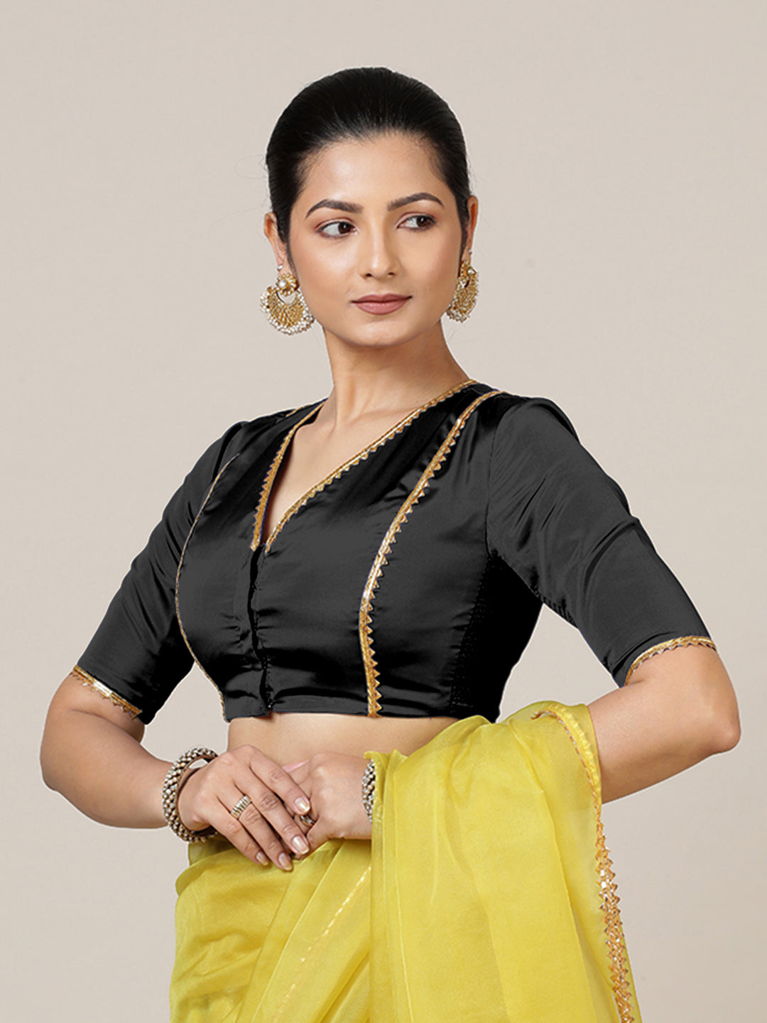 Begum x Tyohaar Saree Blouse, in Black Vegan Silk, featuring elbow sleeves and v-neckline, made for party & festive (view 8).