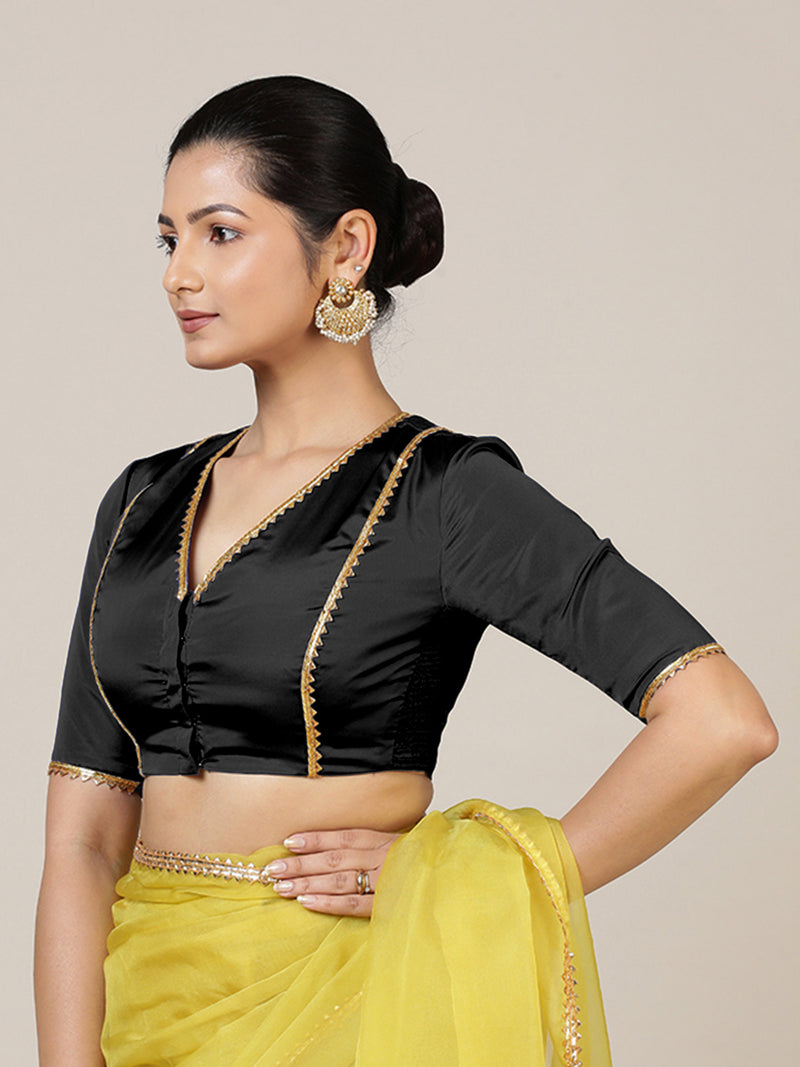 Begum x Tyohaar | Elbow Sleeves Saree Blouse in Charcoal Black-Binks