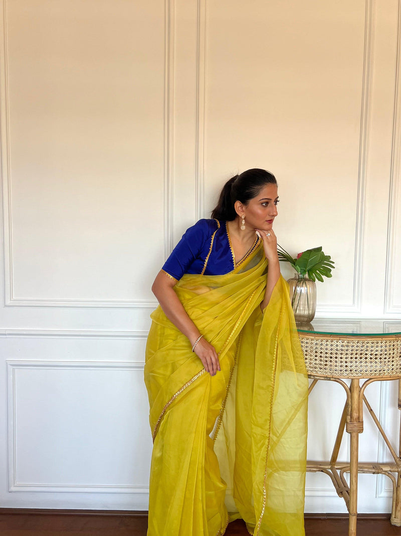 Begum x Tyohaar | Elbow Sleeves Saree Blouse in Cobalt Blue-Binks