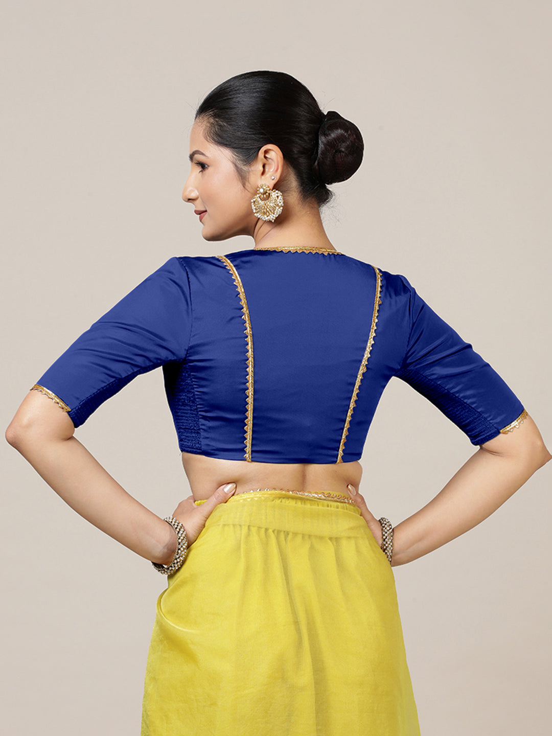 Begum x Tyohaar Saree Blouse, in Blue Vegan Silk, featuring elbow sleeves and v-neckline, made for party & festive (view 2).