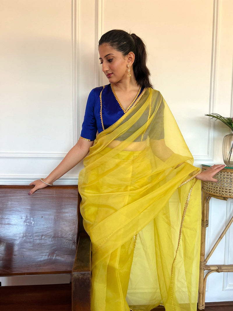 Begum x Tyohaar | Elbow Sleeves Saree Blouse in Cobalt Blue-Binks