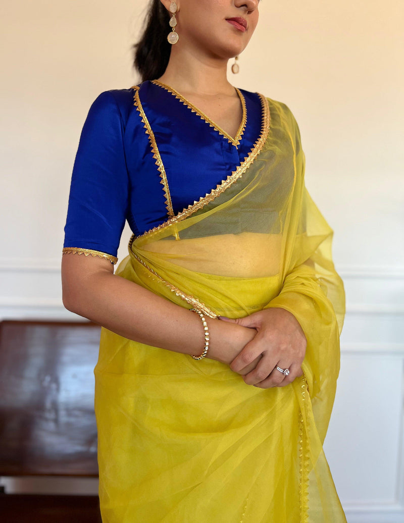 Begum x Tyohaar | Elbow Sleeves Saree Blouse in Cobalt Blue-Binks